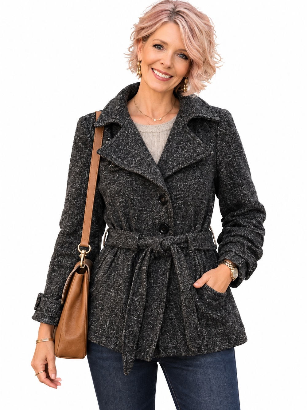Ricki’s Belted Knit Wrap Coat Jacket Hooded Gray Black Small